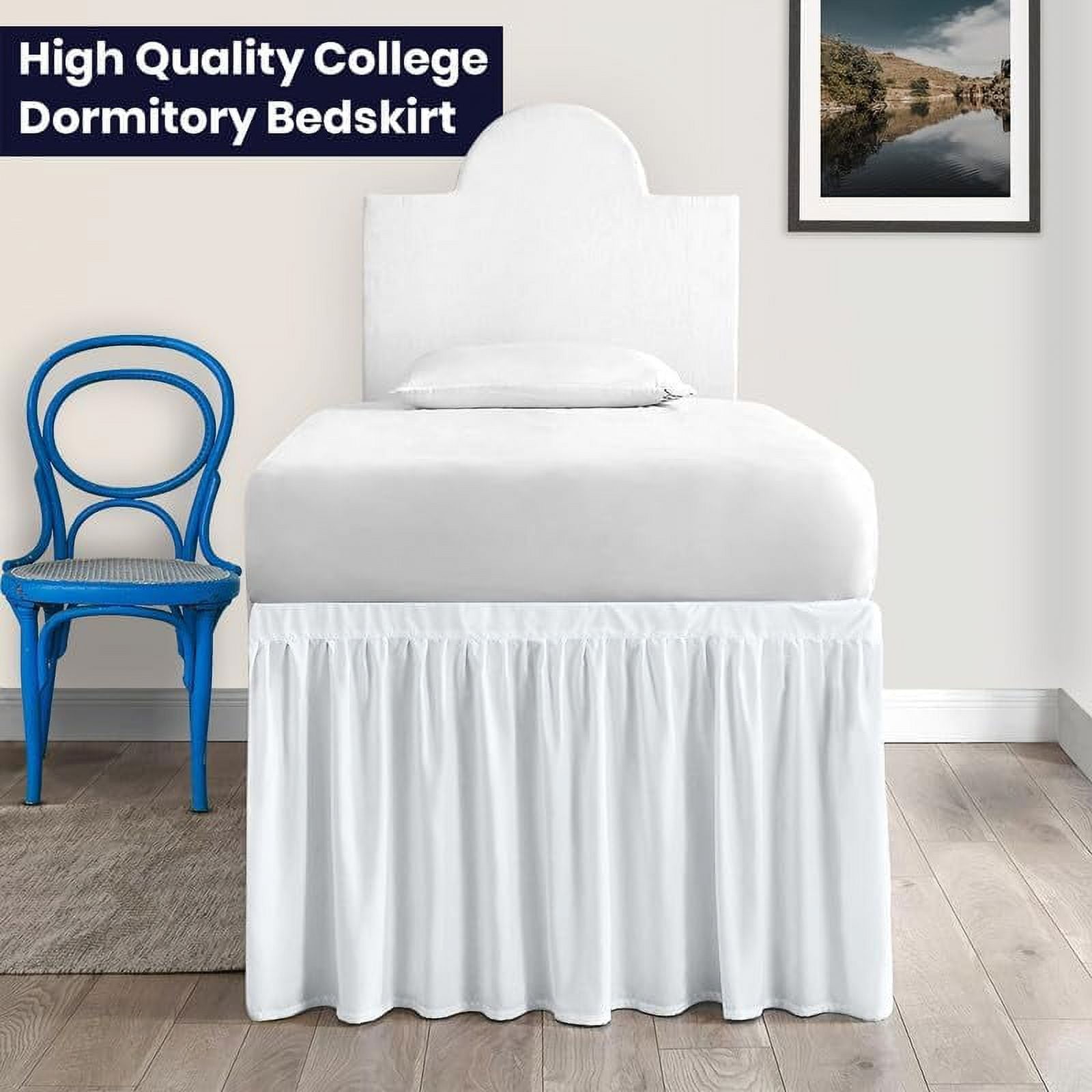 Dorm Bed Skirt Twin XL 44" Drop, College Dorm Room Bed Skirts Easy to Put On Twin XL Size Dust Ruffle Dorm Sized Bed Skirts, 600TC Egyptian Cotton Bed Skirt, (White, Twin-XL - 44" Drop)