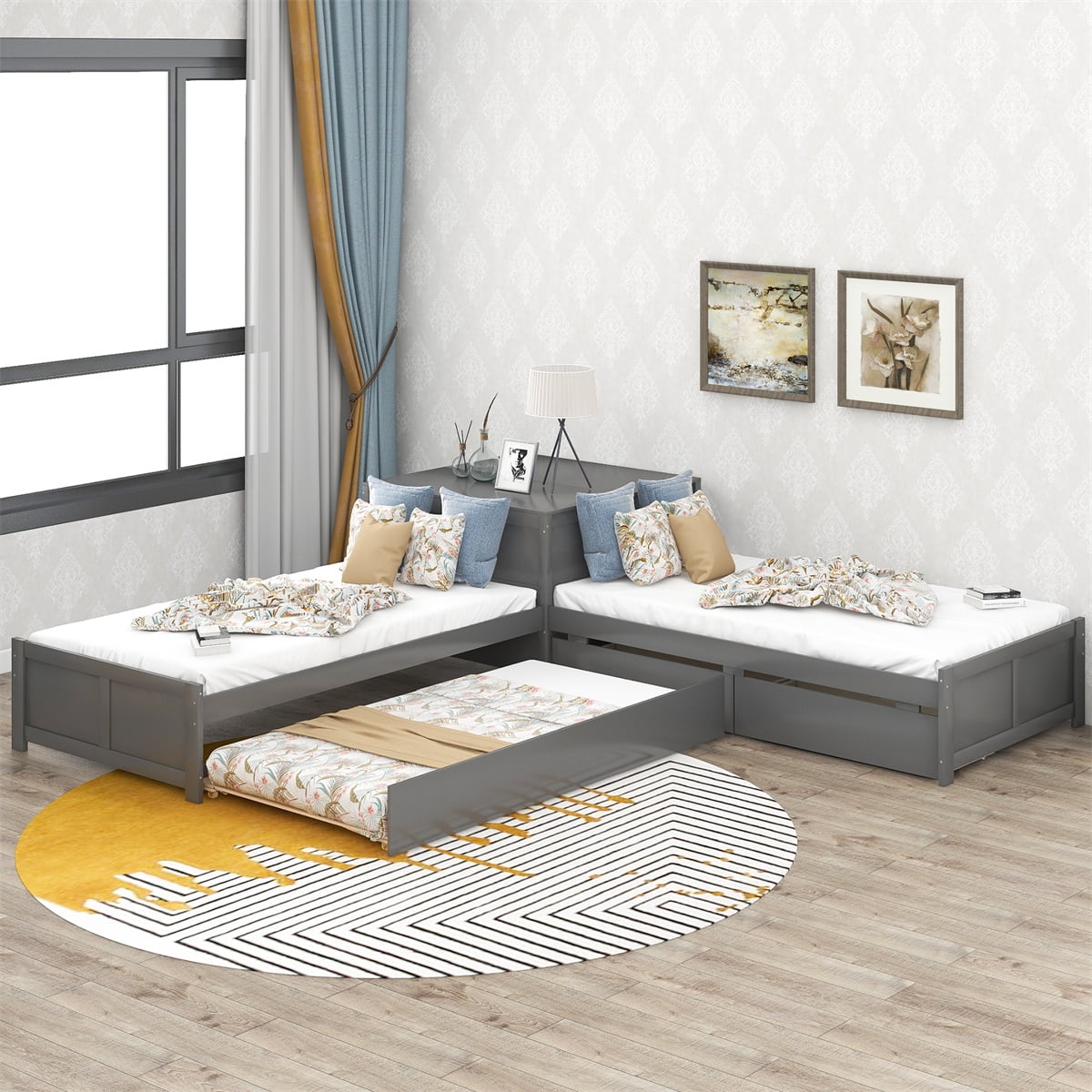 LShaped Platform Beds with Trundle and Storage Drawers,Wooden Twin