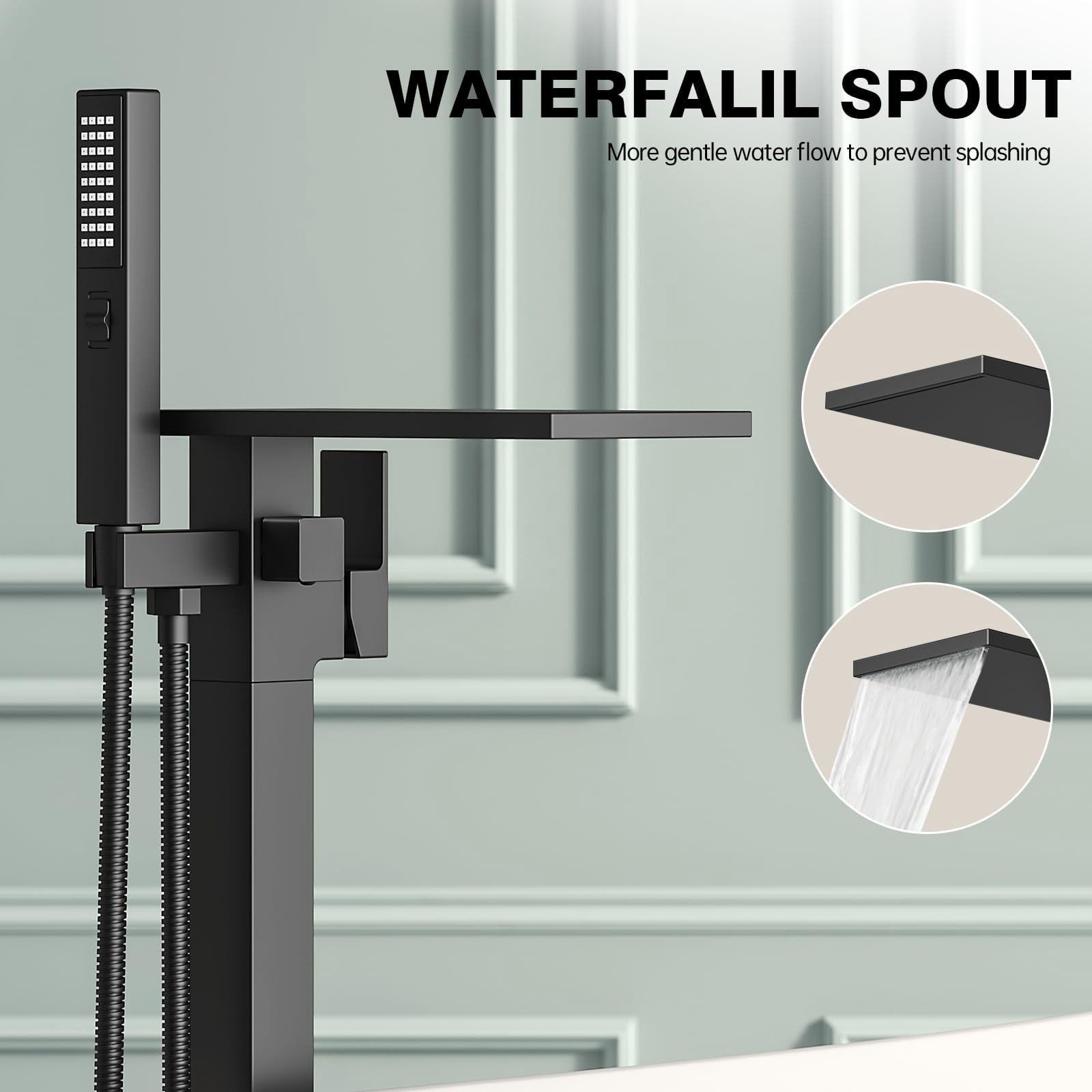 Freestanding Bathtub Faucet Matte Black Floor Mount Tub Filler With Handheld Sprayer