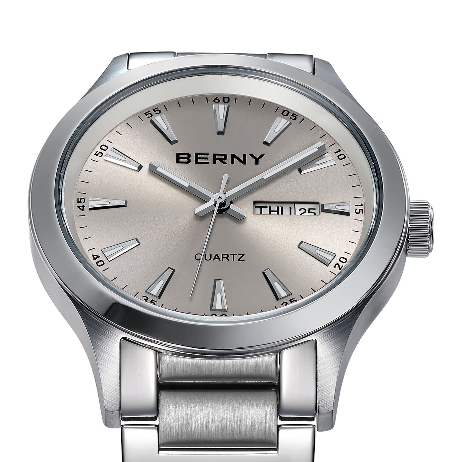 BERNY Quartz Watch for Men, Fashion Sports Wrist Watches with Solid Stainlesss Steel Case & Band, Date & Day Calendar, Casual Waterproof Men's Watches, Gray