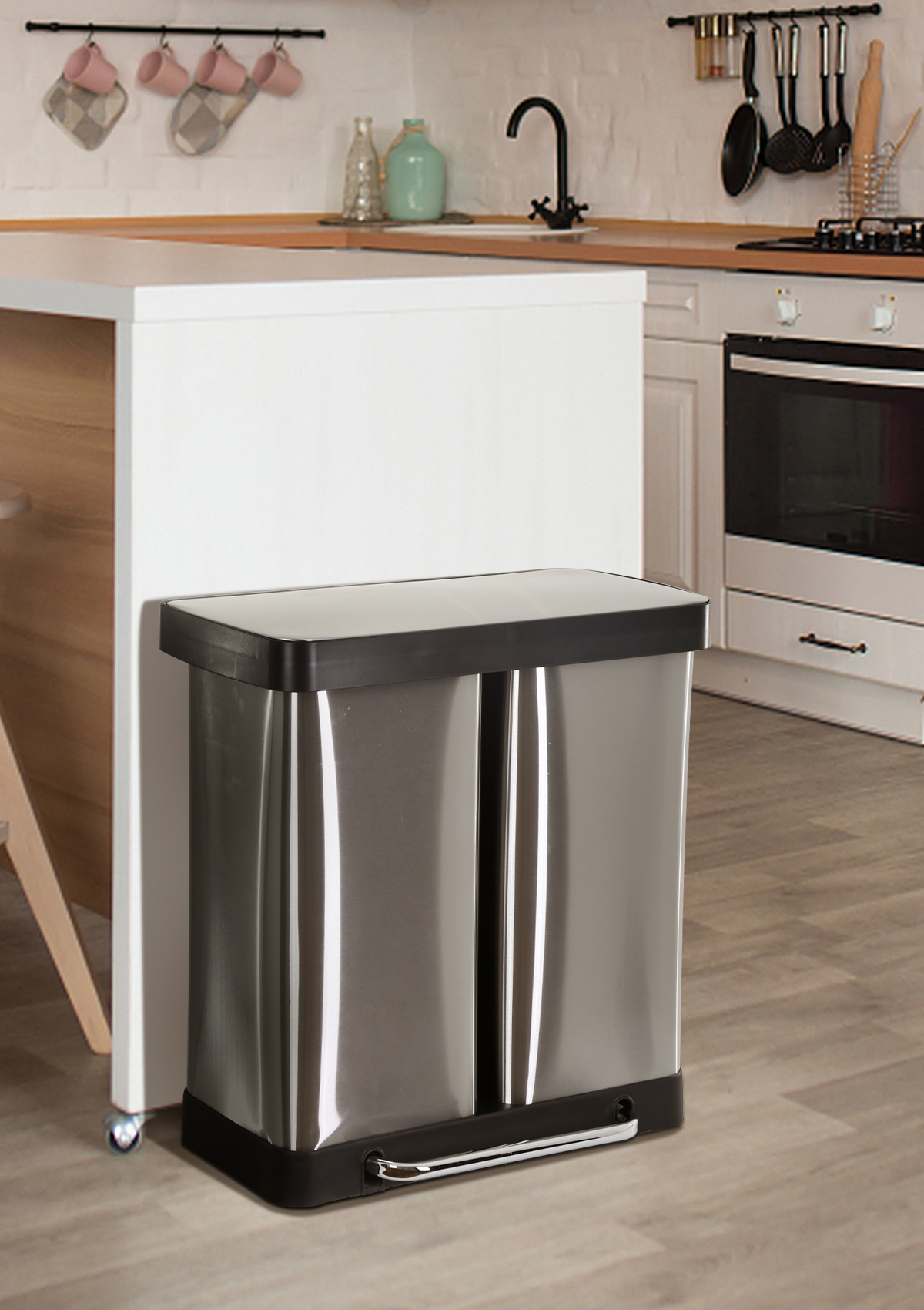 YRLLENSDAN Stainless Steel Kitchen Dual Trash Can with Lid 16 Gallon