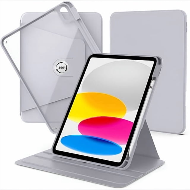 Funda giratoria para iPad 10ª Gen 10.9” con Porta Lápiz (Parte Trasera Rígida, Color Gris)
