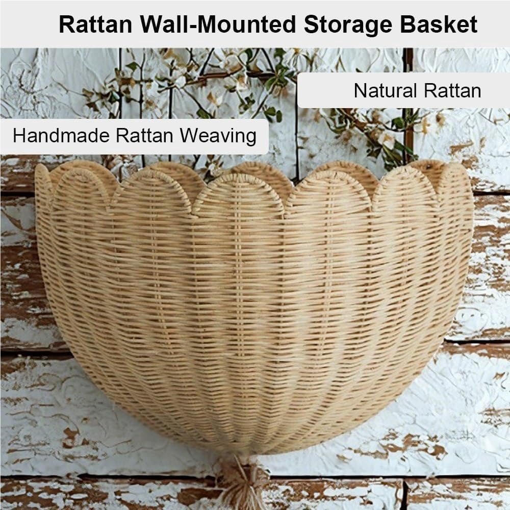 Hand Woven Rattan Wall Baskets, Scalloped Wicker Hanging Basket with Metal Frame & Hook, Minimalist Wall Decor for Home, Entryway, Kitchen, Living Room(14"x6"x8", 1Pcs)