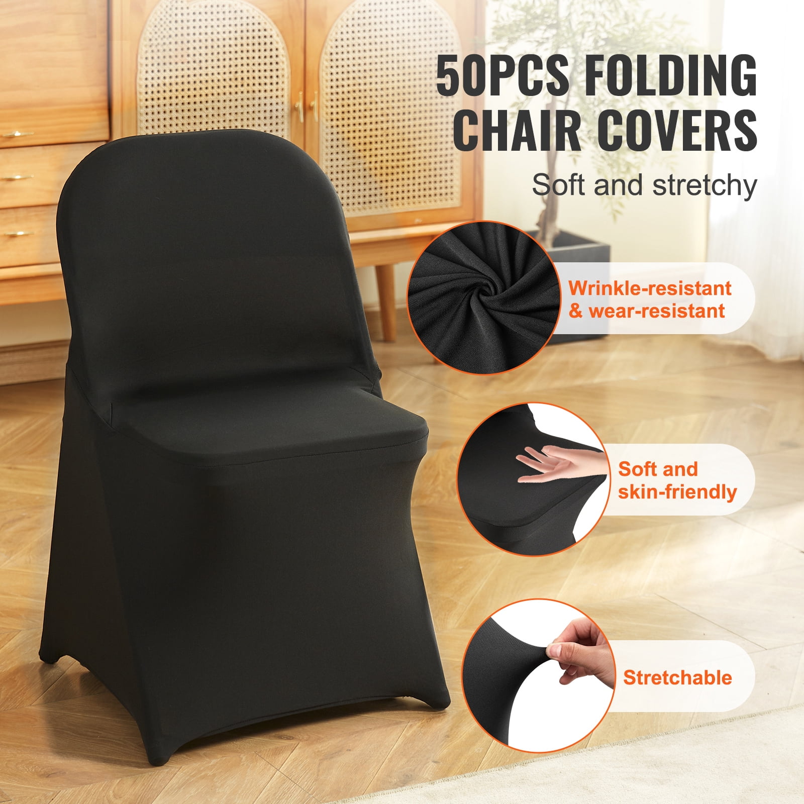 KFFKFF 50pcs Stretch Spandex Chair Covers Black Folding for Wedding Party Restaurant