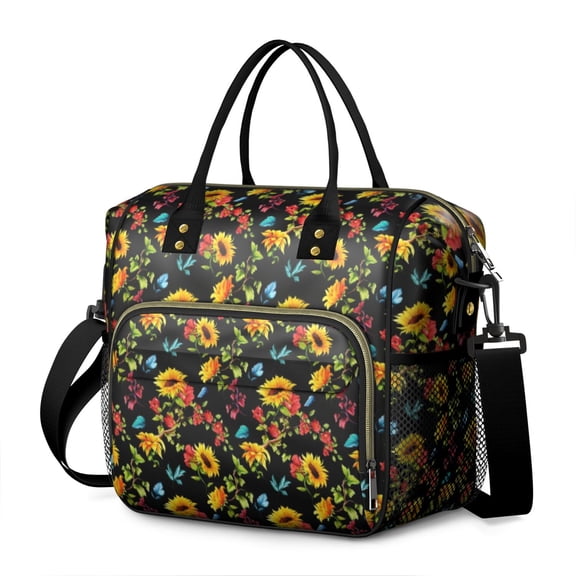 OBREWU Black Sunflower Womens Lunch Box for Work,Insulated Large Black Sunflower Lunch Bag for Women,Loncheras Para Mujer,Leakproof Adult Lunch Bag for Work,Beach,Travel,Picnic,Camping