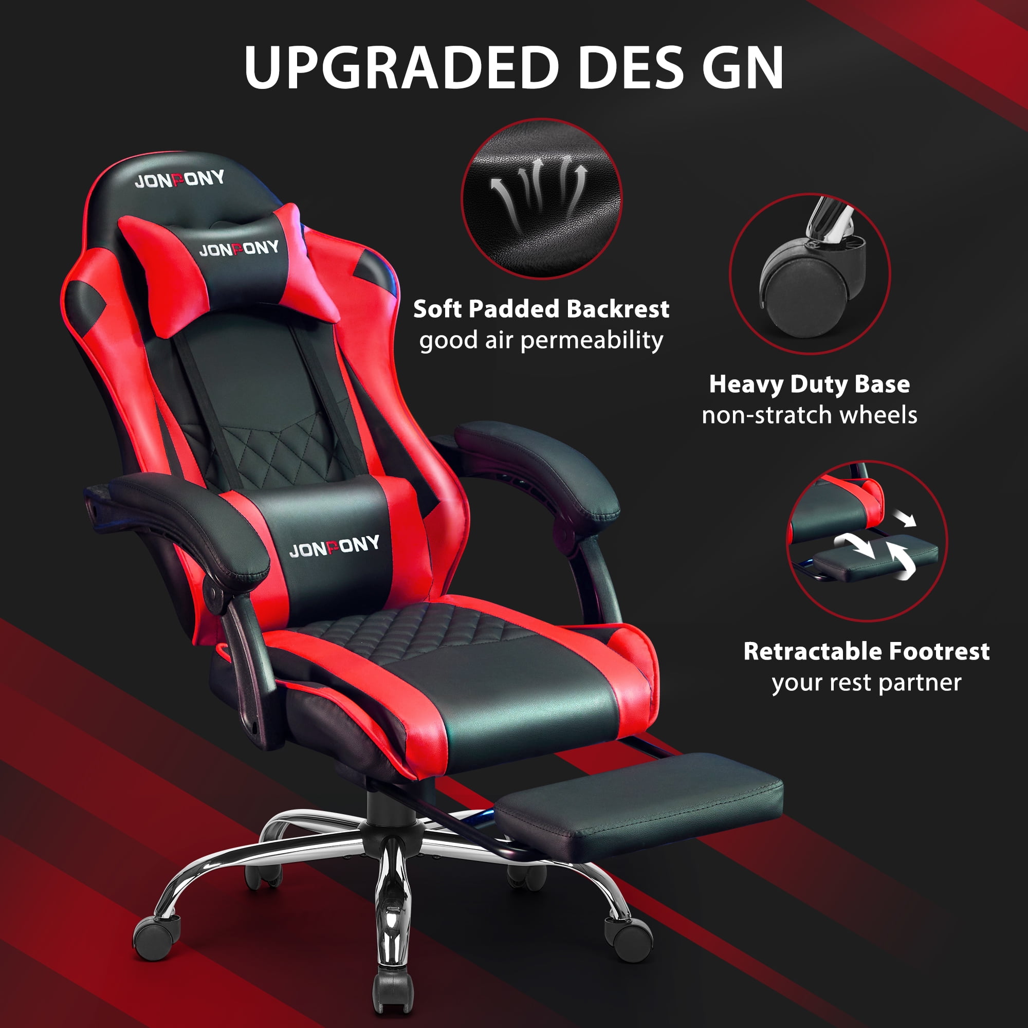 JONPONY Big and Tall 400LBS Gaming Chair, Ergonomic Design, Gamer Chair PU Leather with Footrest and Lumbar Support, High Back Office Chair Support 8 Hours Long Sitting, Computer Chair,Red