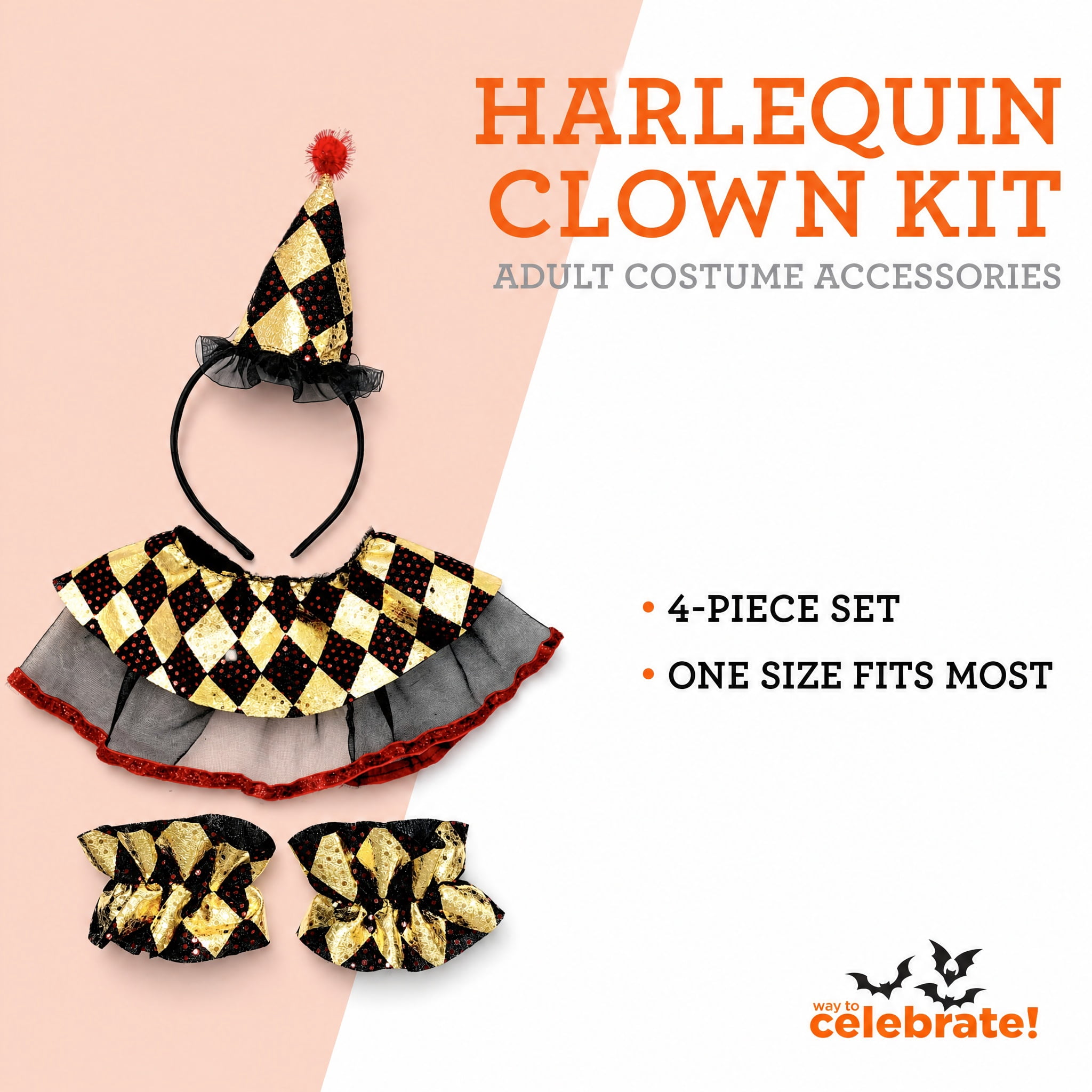 Harlequin Clown Costume Accessory Kit for Adults, Multicolor, 4 Pieces, Halloween by Way To Celebrate