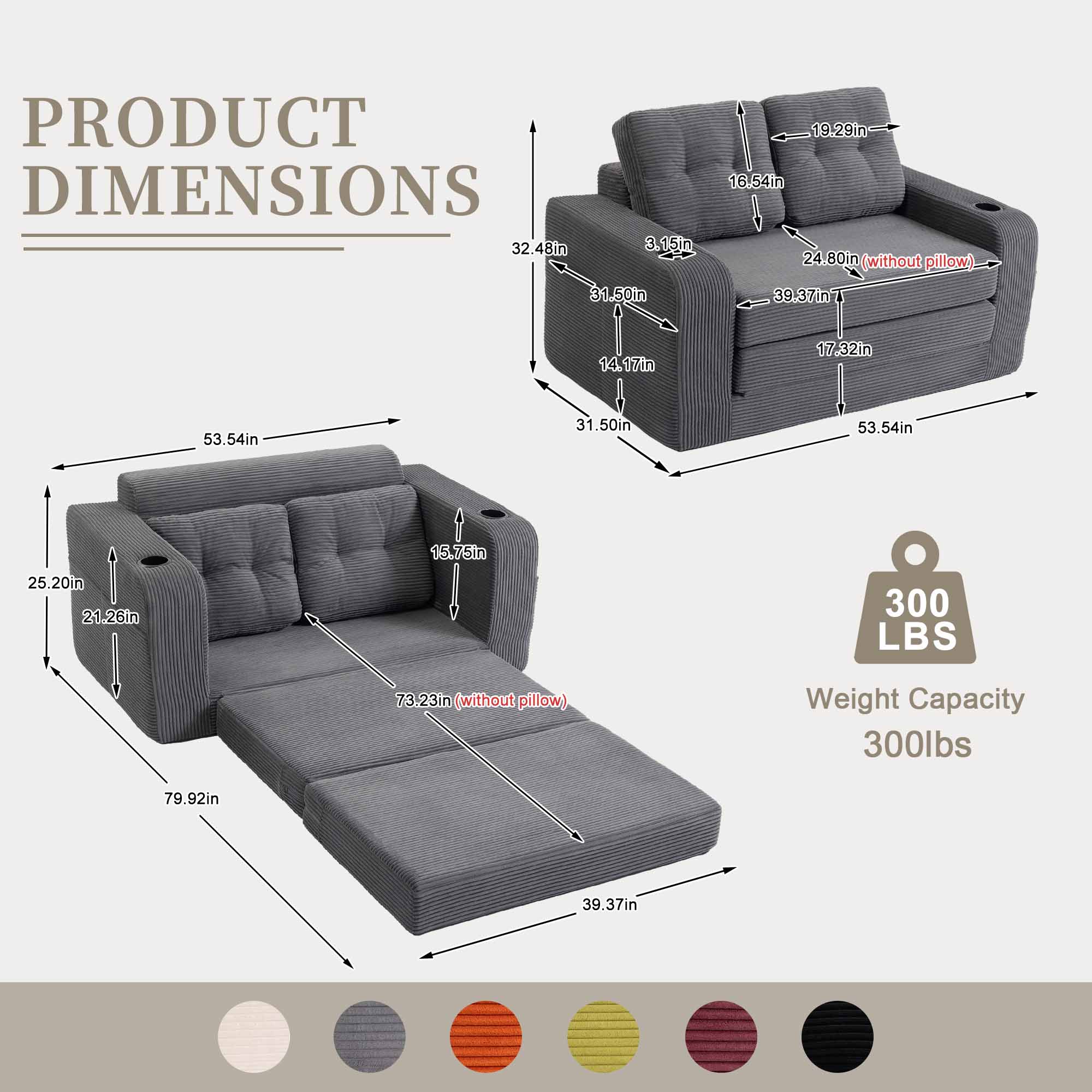 Lunale 54" Convertible Sofa Bed, Small Boneless Cloud Couch with Cup Holders, No Assembly Required, Corduroy Floor Sleeper Sofa, Gray