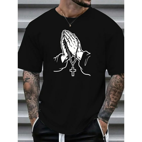 Tee T-Shirt Sacred Cotton Top Praying Hands Design Casual Comfortable Short Sleeve Crew Neck Black S-5XL