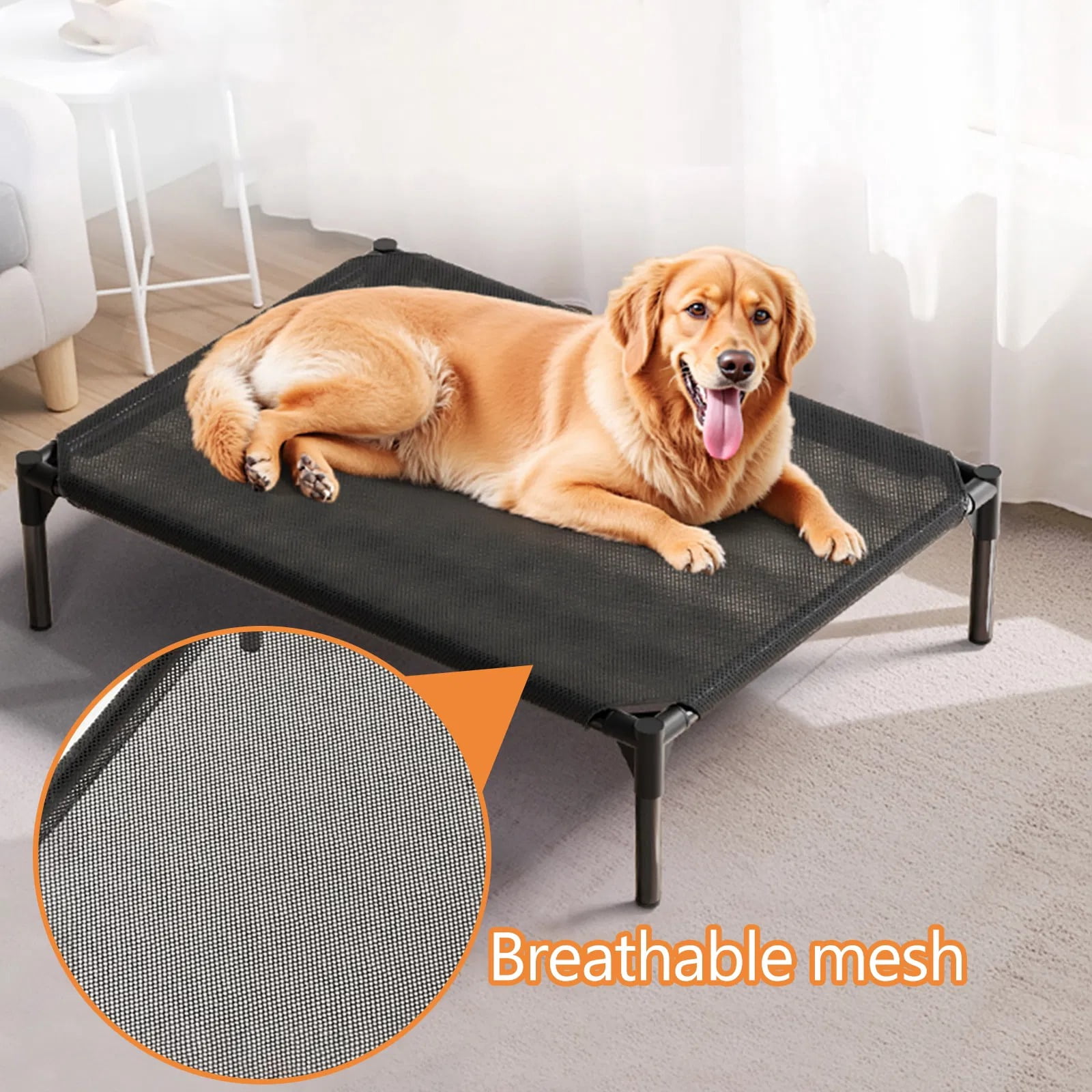 Elevated Breathable Mesh Pet Bed, Size L, Indoor/Outdoor, Black, for Small to Medium Pets