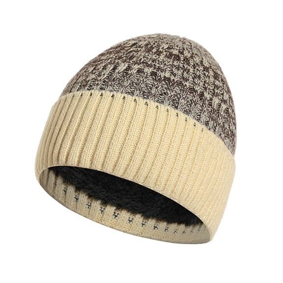 TOPTIE Winter Fleece Lined Beanie Color Block Knit Hat Skull Cap for Men & Women-Beige