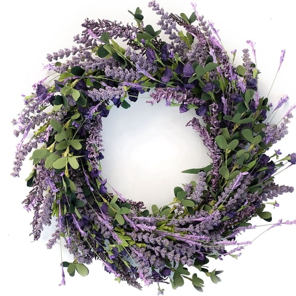 Idyllic 18" Spring Summer Wreath for Front Door, Purple Flowers & Assorted Green Leaves