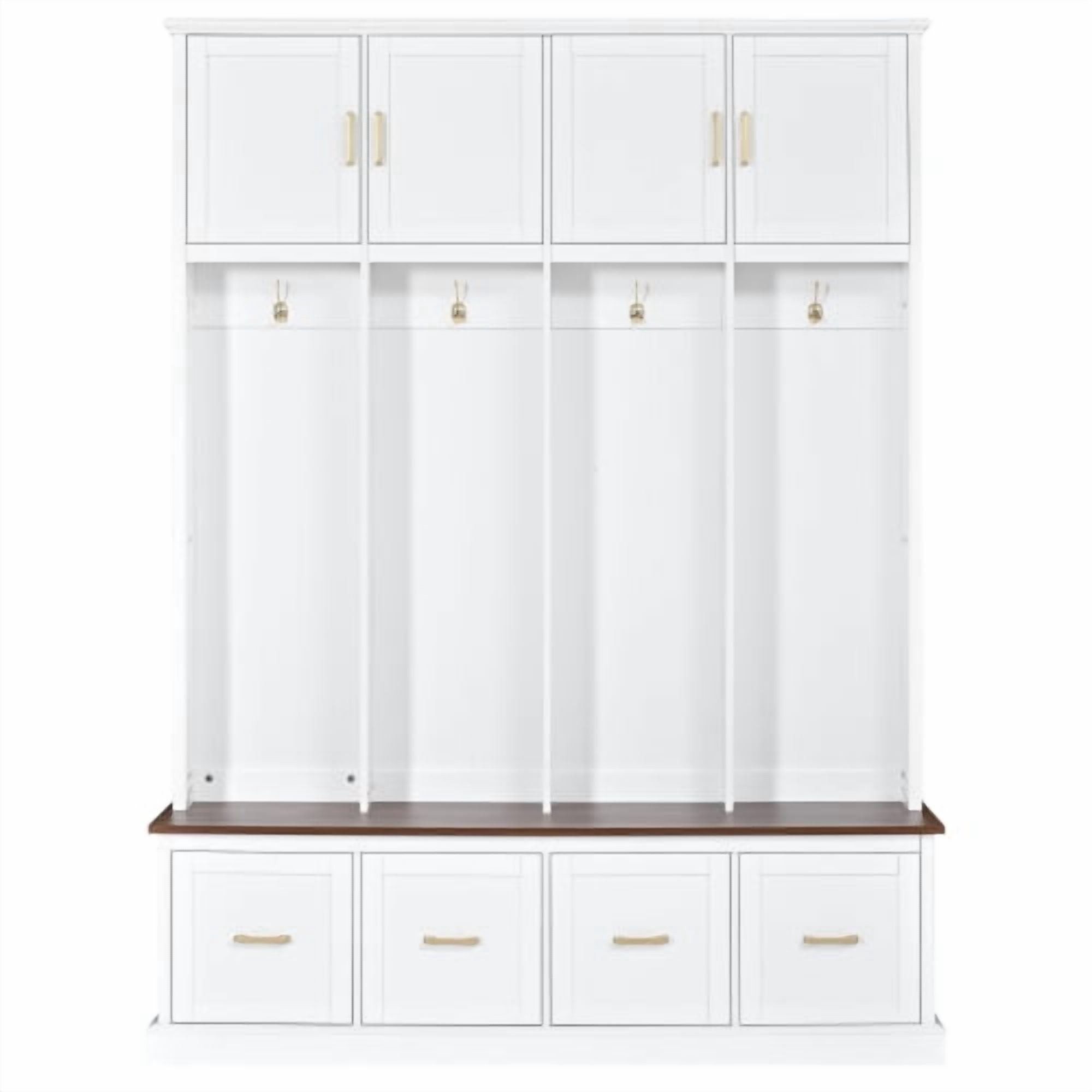U-Can Farmhouse Entryway Hall Tree with Coat Hooks, Cabinets and Drawers, with Wood Accents and Gold Hardware, White