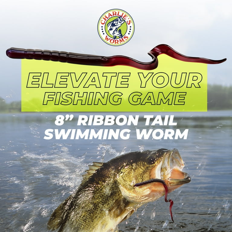 Charlie's Worms Artificial Fishing Bait 8" Ribbon Tail Swimming Worm,  Freshwater Saltwater Bass Soft Lures Scented 10pk