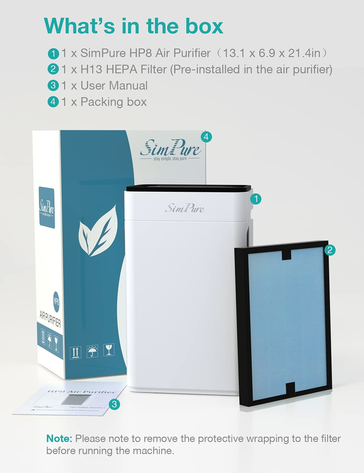 SimPure HP8 HEPA Air Purifier Air Filter Cleaner for Large Room