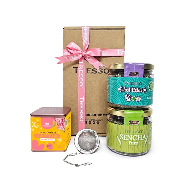 TRESSO Kit con Té Verde Japonés Puro Sencha 100g, Tisana Herbal Just Relax 50g, Tisana Herbal Leche de Luna Golden Milk 100g, Infusor para té clásico de ace