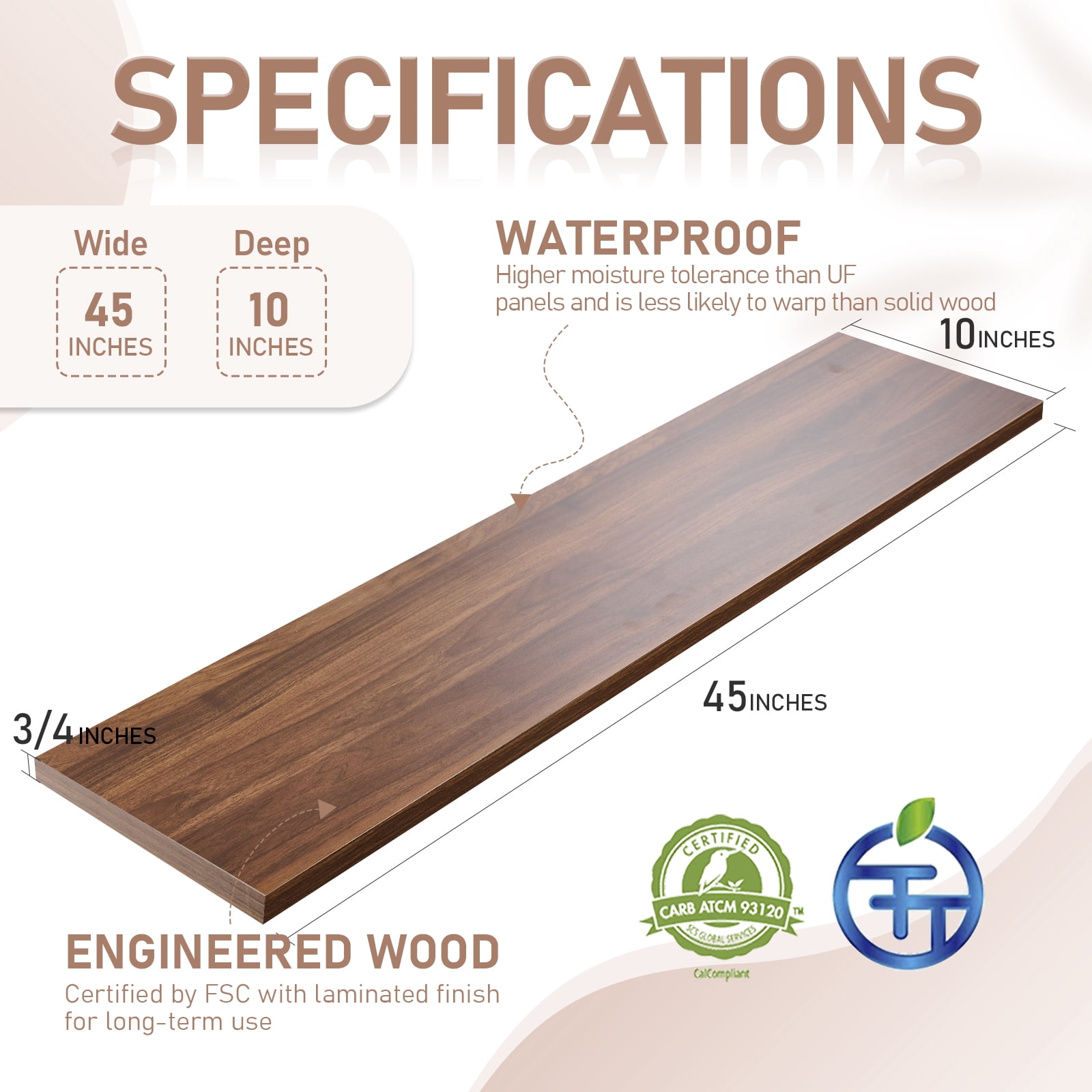 Kaboon 45inch Floating Shelves for Wall 10" D x 45" W Set of 2, Dark Walnut