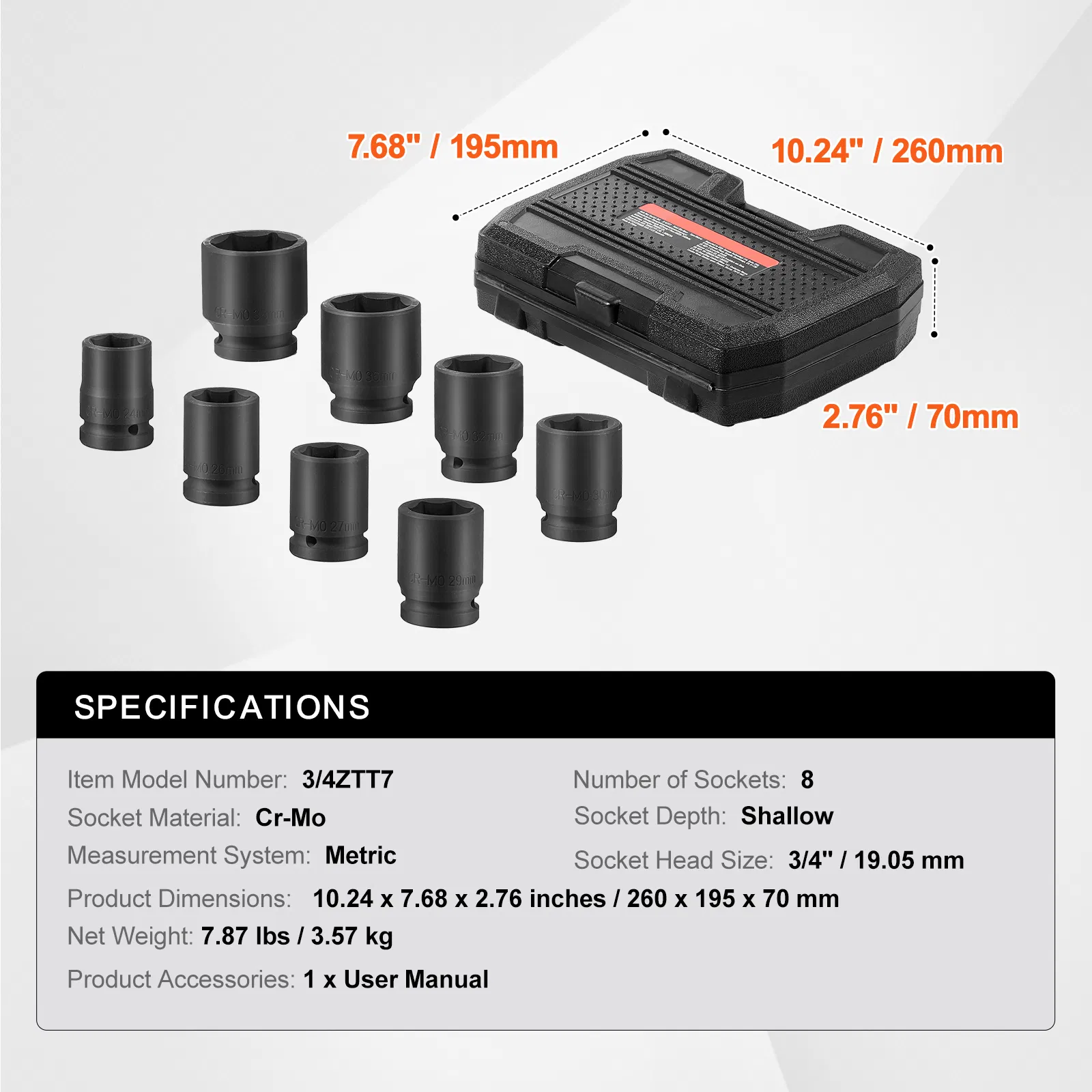 8-Piece Metric Axle Nut Impact Socket Set with 3/4" Drive,6-Point CR-MO Heat Treated Sockets,Complete with Storage Case for Auto Repair and Installation