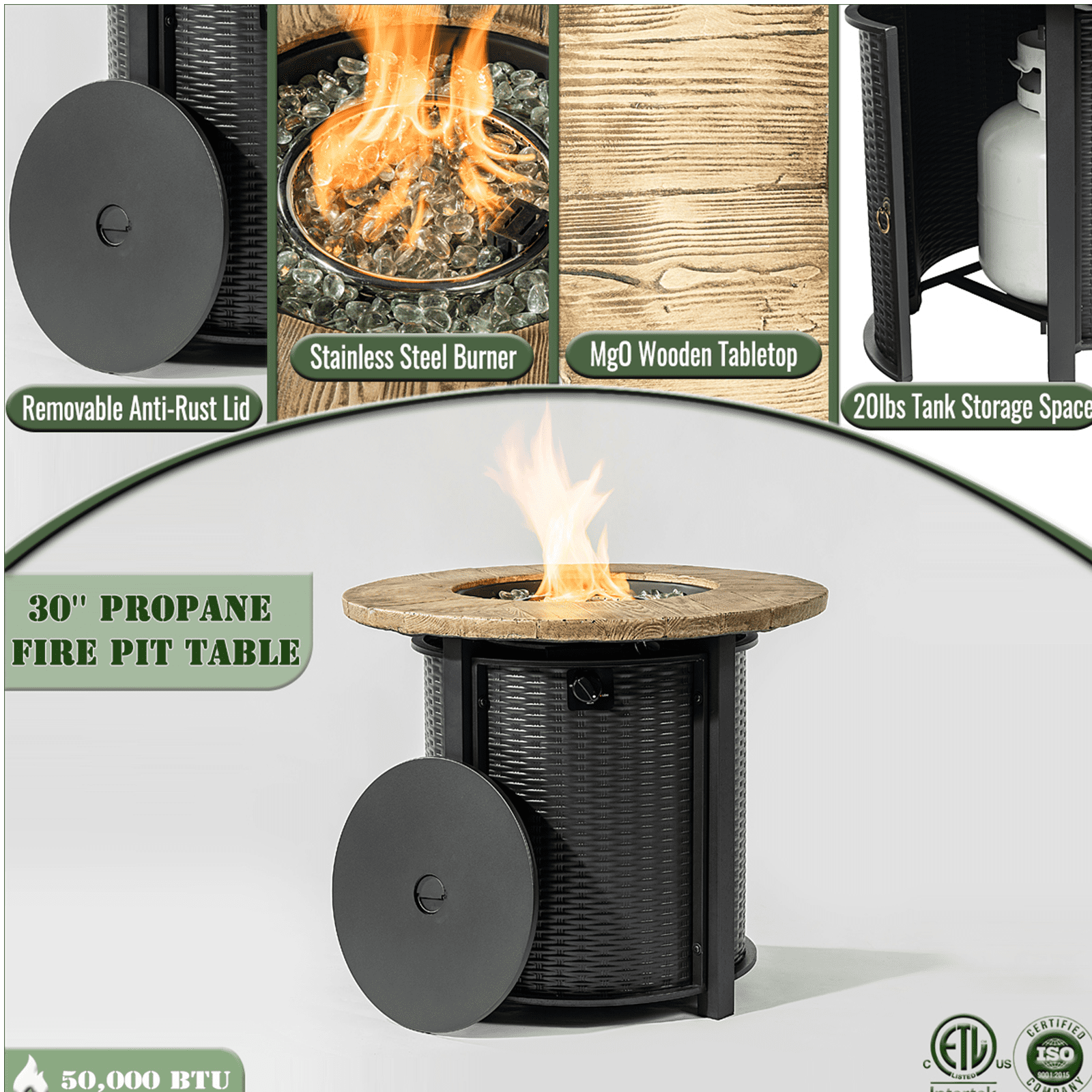 HONEY HOME 30" Round Propane Fire Pit Table, 50,000 BTU Steel Gas Fire Pit for Outdoor, Fire Table with Lid for Patio Deck Garden Backyard, Black.