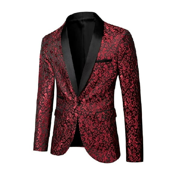 Mens Floral Jacquard Dress Suit Jacket 1 Button Print Tux Blazer Sport Coat-Burgundy