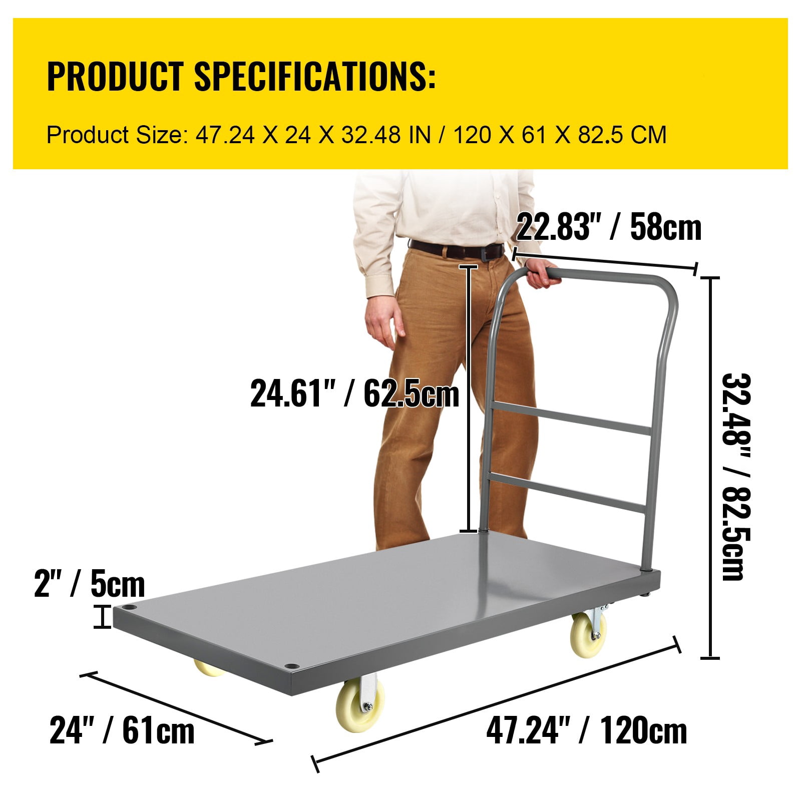 VEVOR Platform Truck, 2000 lbs Capacity Steel flatbed Cart, 47" Length x 24" Width x 32" Height Flat Dolly, Hand Trucks with 5" Nylon Casters, Heavy-Duty Utility Push Carts for Luggage Moving