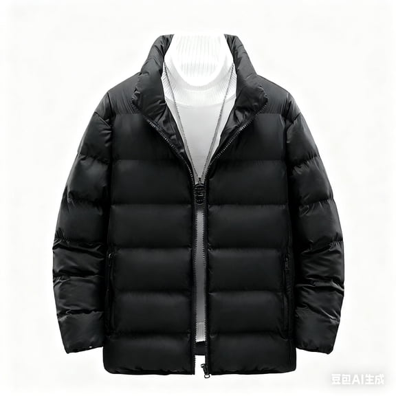 Men's Casual Solid Color Stand-up Collar Cotton-padded Jacket - Cotton-filled Thickened Warm Long-sleeve Coat, Black, Size L