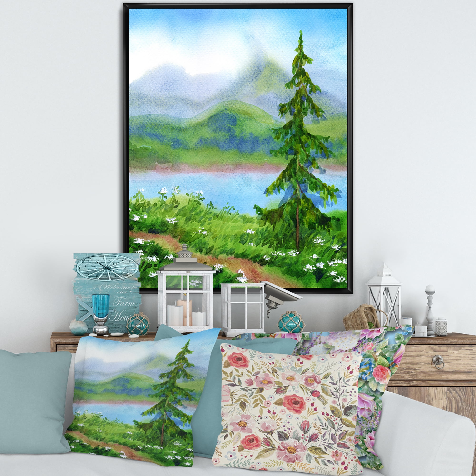 Landscape River Spruce Near The Trail On A Hill 12 in x 20 in Framed Painting Canvas Art Print, by Designart