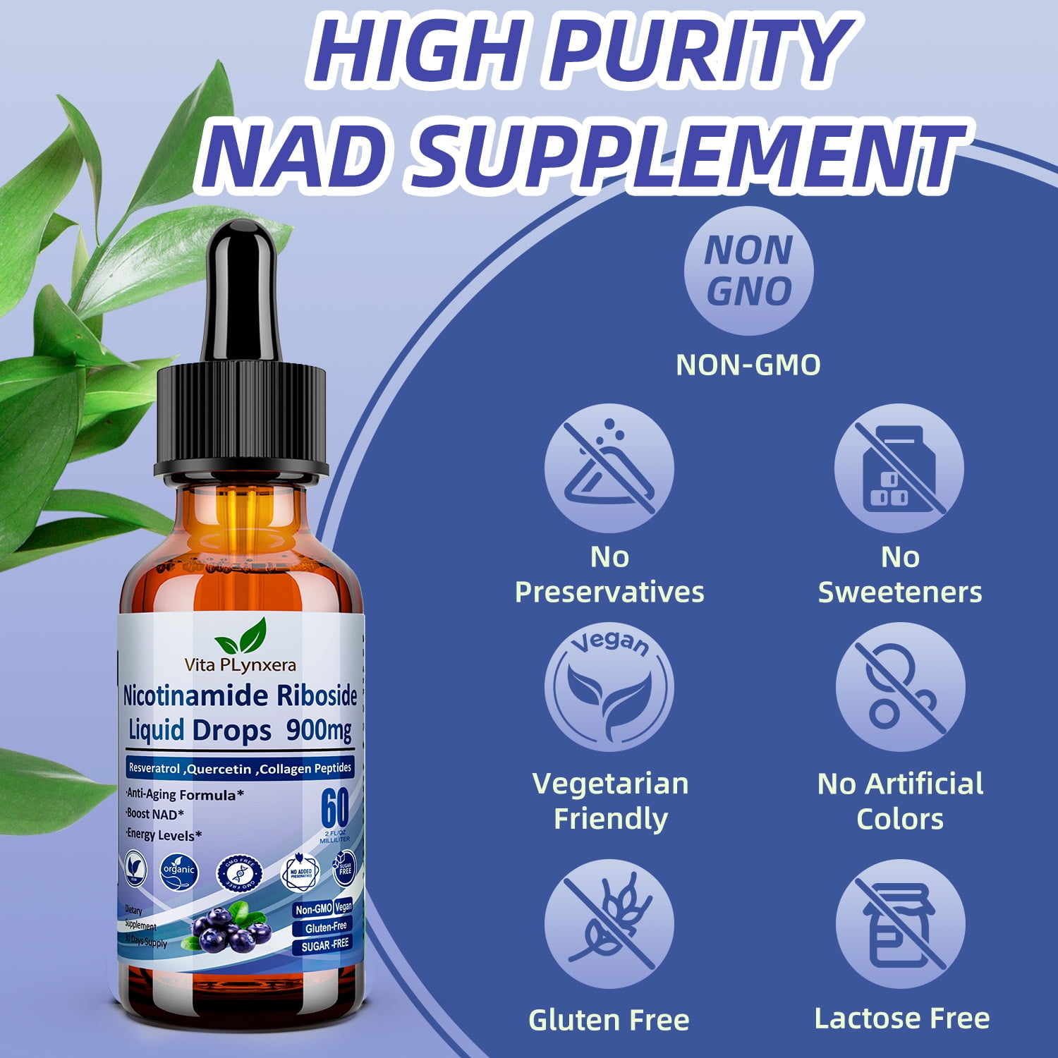 VitaPLynxera NAD+ Liquid Drops Nicotinamide Riboside Resveratrol 900mg  NAD+ Supplement with Quercetin, Collagen, Biotin 6-in-1 Formula for Women & Men | 60ml