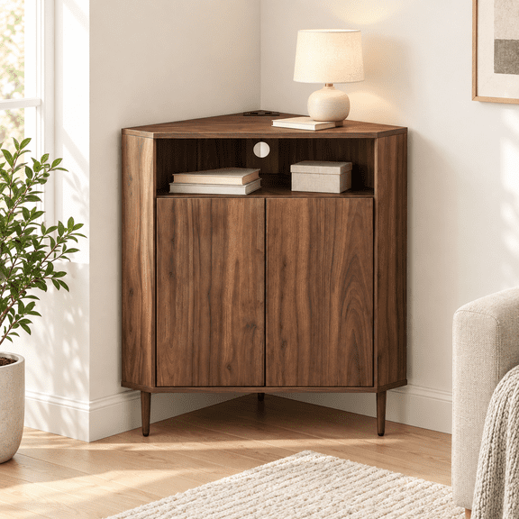 Purfeel Home Walnut Corner Storage Cabinet with Power Outlet, Floor Standing Corner Cabinet with Doors and Open Shelves, Small Corner Storage Organizer for Living Room, Bedroom and Entryway
