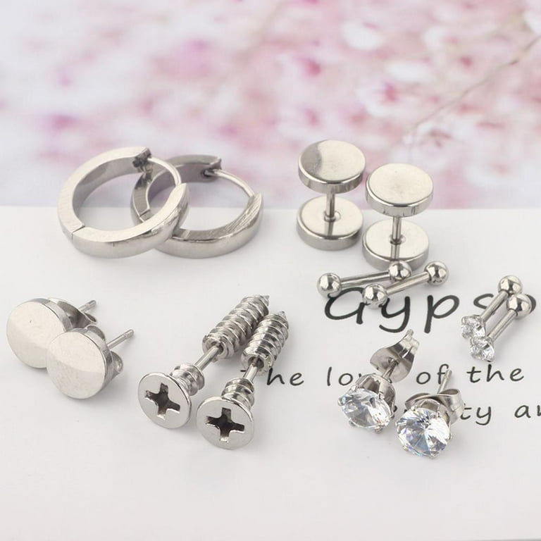 Famure Faux Gauge Earrings 7 Pairs Silver Black Stud Earrings Set for Men and Women Stainless Steel Jewelry Piercing Hoop Earrings biological