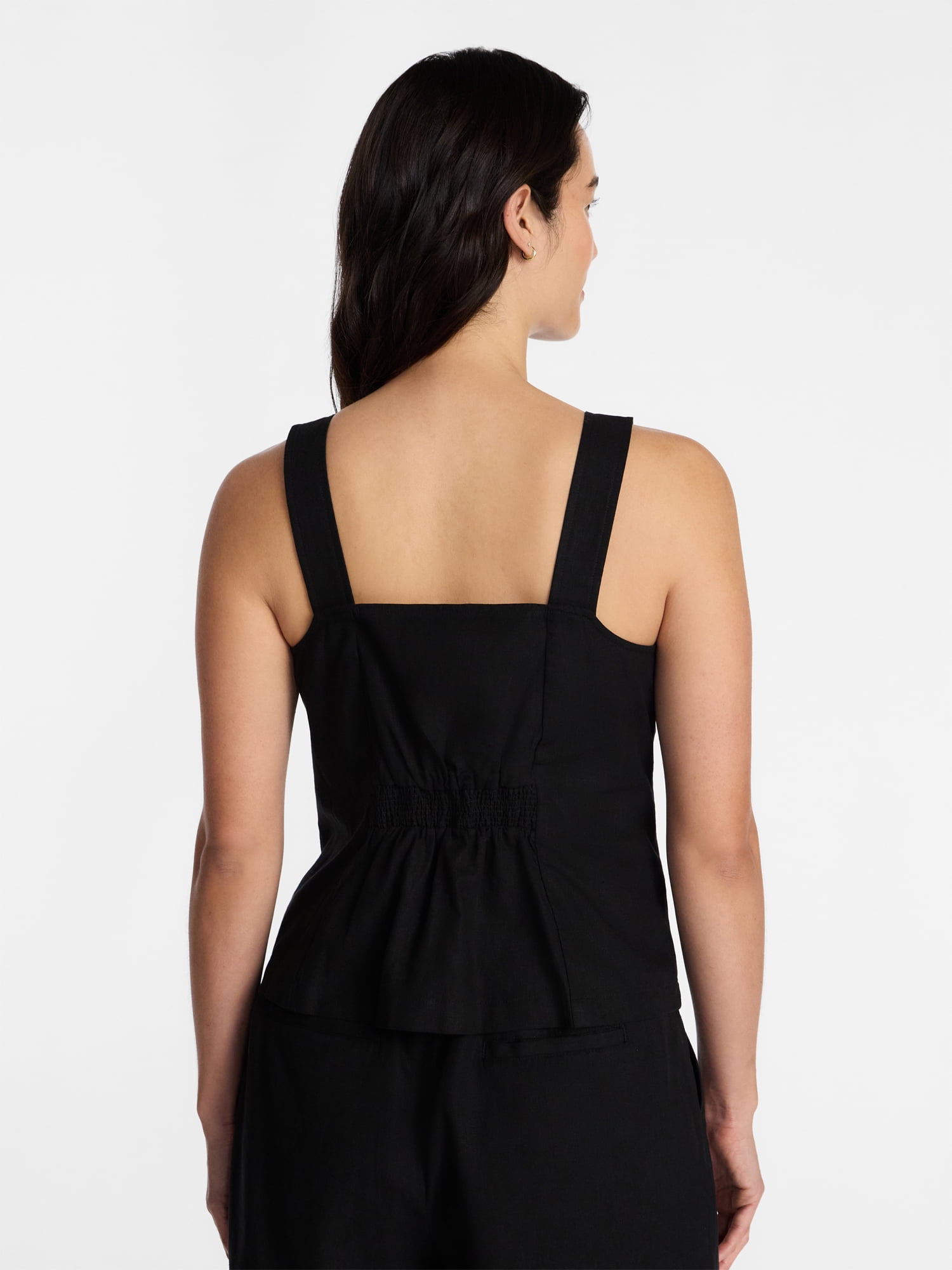 Time and Tru Women's Linen Blend Button Front Tank Top with Adjustable Straps, Sizes XS-XXXL