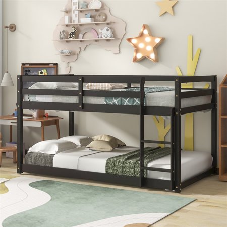 INCLAKE Twin Over Twin Bunk Bed for Kids  Wooden Bed Frame with Ladder and Full-length Guardrails  Space-saving Floor Bunk Bed for Teens Boys and Girls  No Box Spring Needed  Espresso