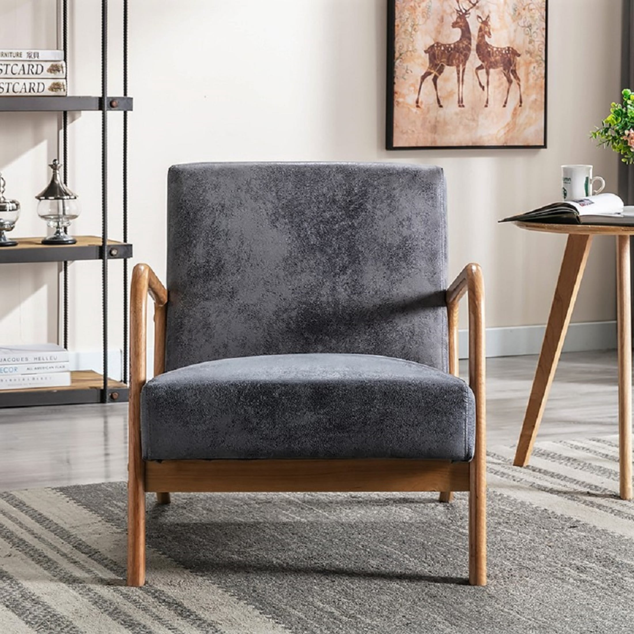 GDF Studio 32.7" Mid-Century Modern Accent Chair with Open Wood Frame, Microfiber Upholstery, Light Gray