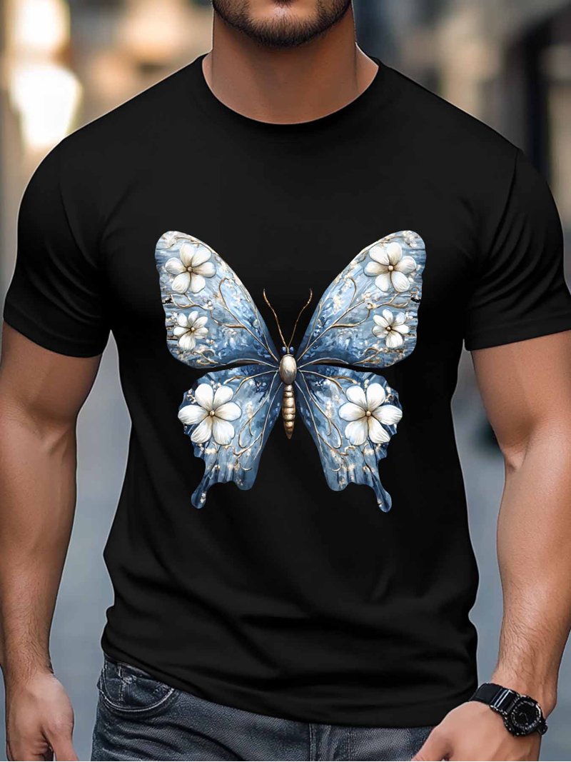 Men's T-Shirt Vintage Blue Butterfly Wings White Floral Short