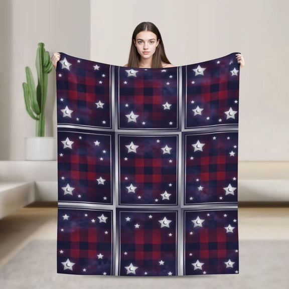 Patriotic Throw Blanket, All-Season Soft Flannel Throw with USA Flag Stars and Buffalo Plaid Pattern 50x40