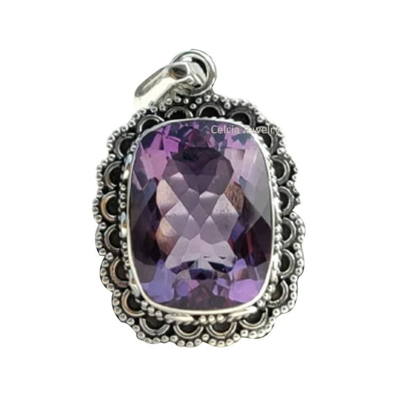 Pure 925 Sterling Silver Pendant For Men Women, Genuine Amethyst Faceted Purple Gemstone Unique Handcrafted February Birthstone Jewelry