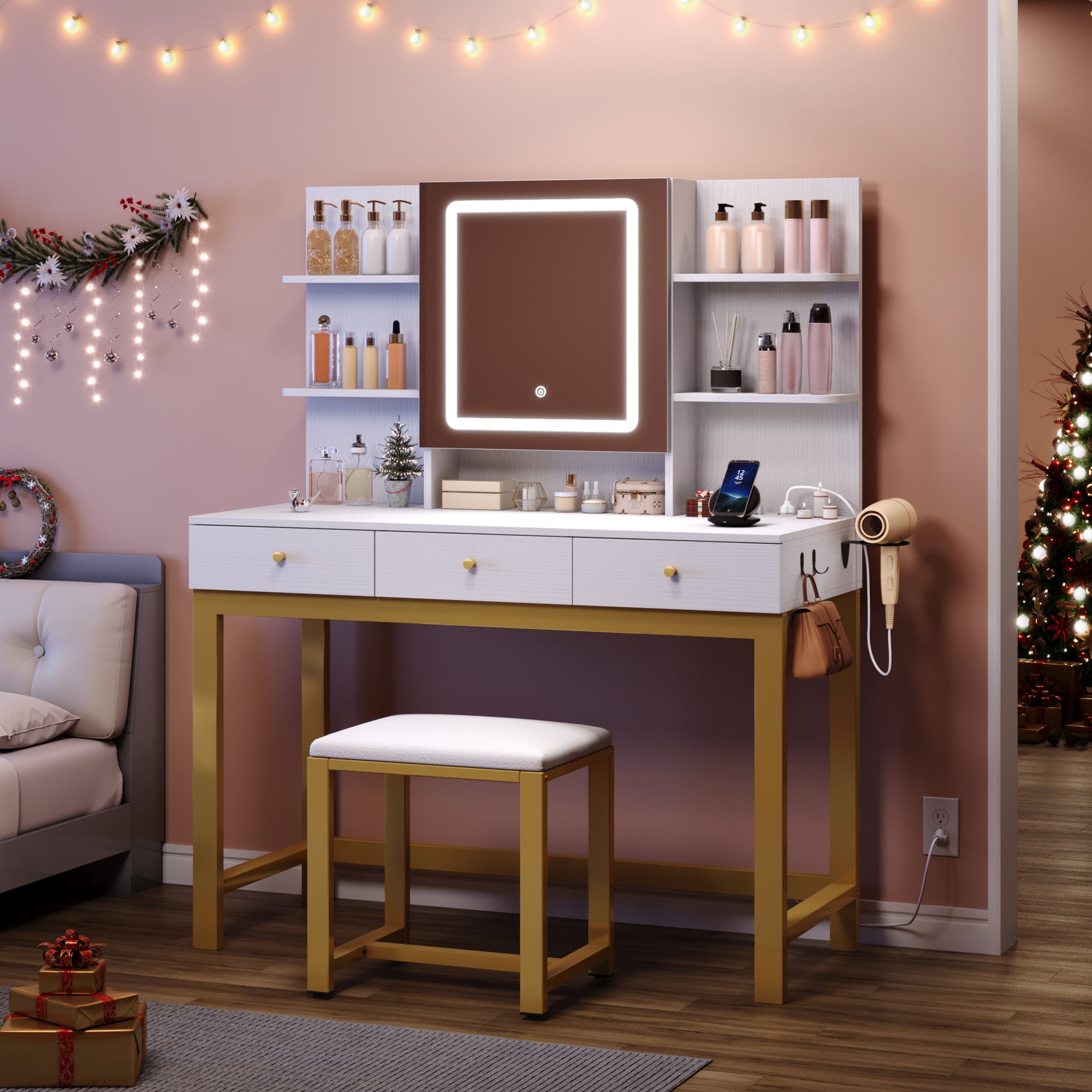 Uforic 39-Inch White Vanity Desk with Dimmable LED Mirror, Padded Stool, and Storage for Modern Bedrooms