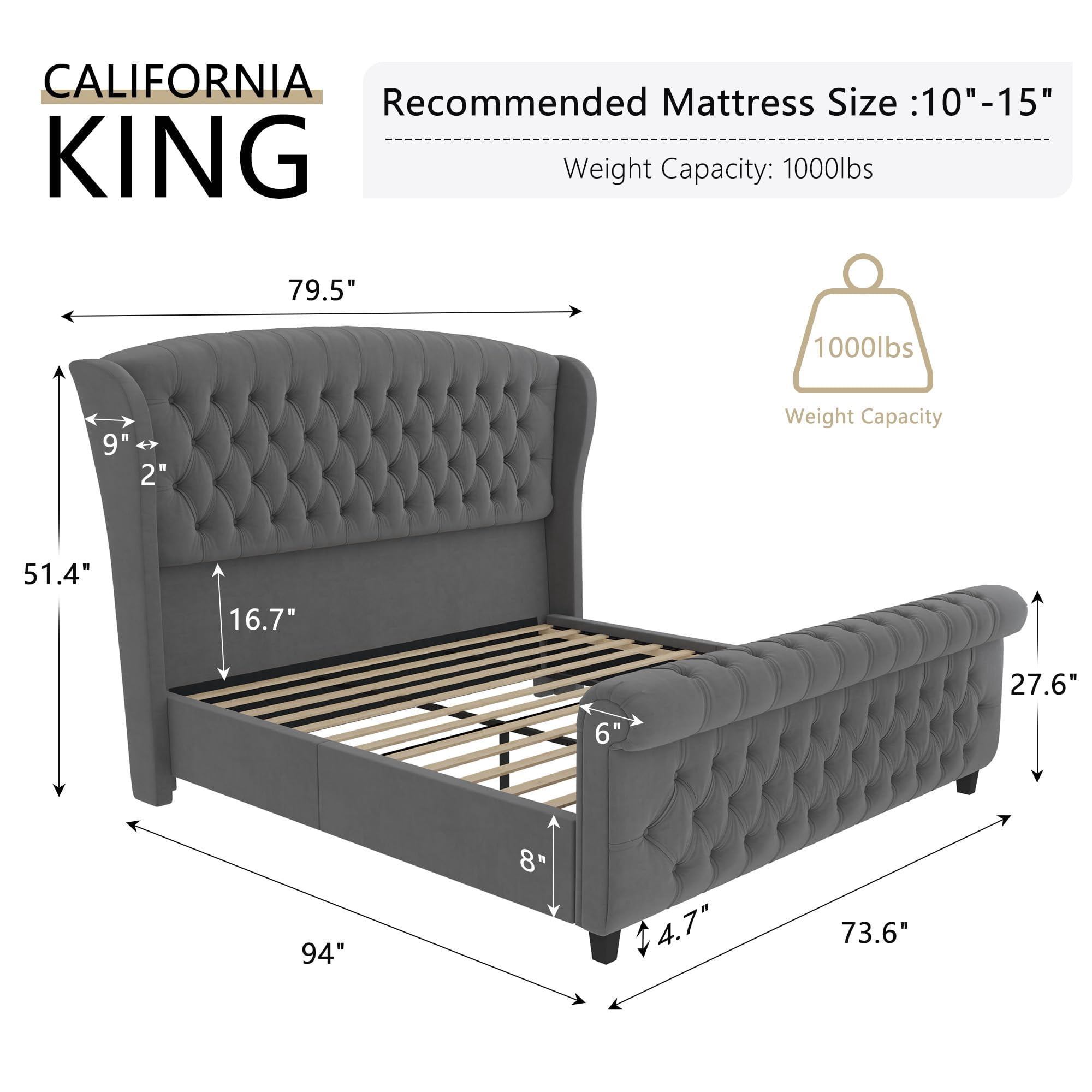 Merluxy California King Size Platform Bed Frame, Velvet Upholstered Sleigh Bed with Scroll Wingback Headboard & Footboard/Button Tufted, Grey