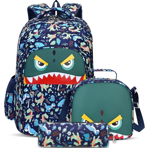 Burufy Kids School Backpack Set for Boys, 3-in-1 School Bag with Lunch Bag & Pencil Case for Primary Middle Students- Green