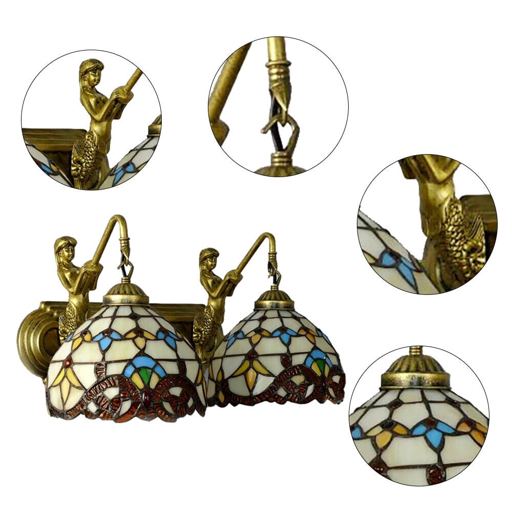 Miumaeov 2 Lights Tiffany Style Mermaid Wall Sconce Vanity Fixture Wall Lamp Stained Glass Wall Mounted Lighting Fixture