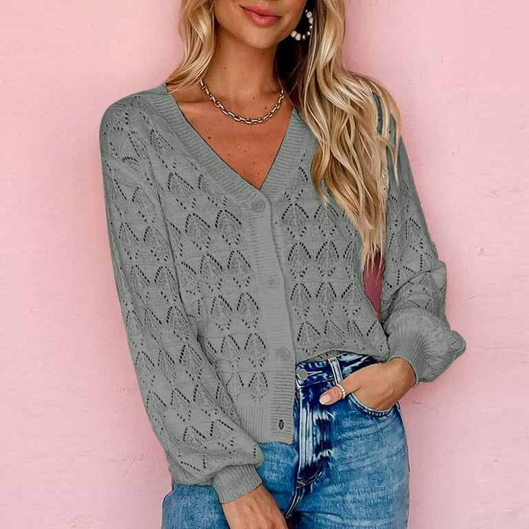 AKOEE Crochet Knit Cropped Cardigan Sweater Women Trendy Casual