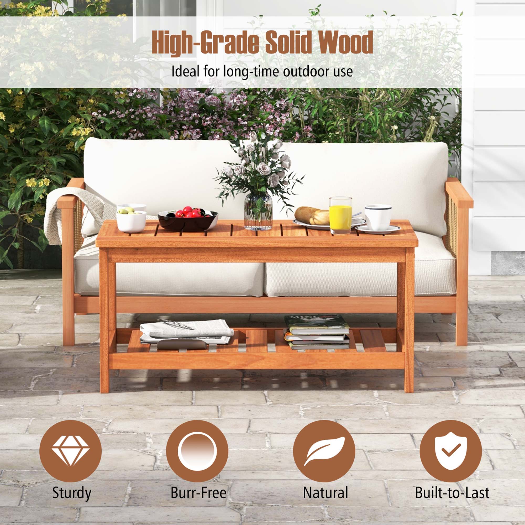 Costway 2-Tier Outdoor Solid Wood Coffee Table