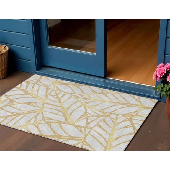 HomeRoots 584200 3 x 5 ft. Floral Washable Indoor & Outdoor Rectangle Area Rug, Gold & Beige