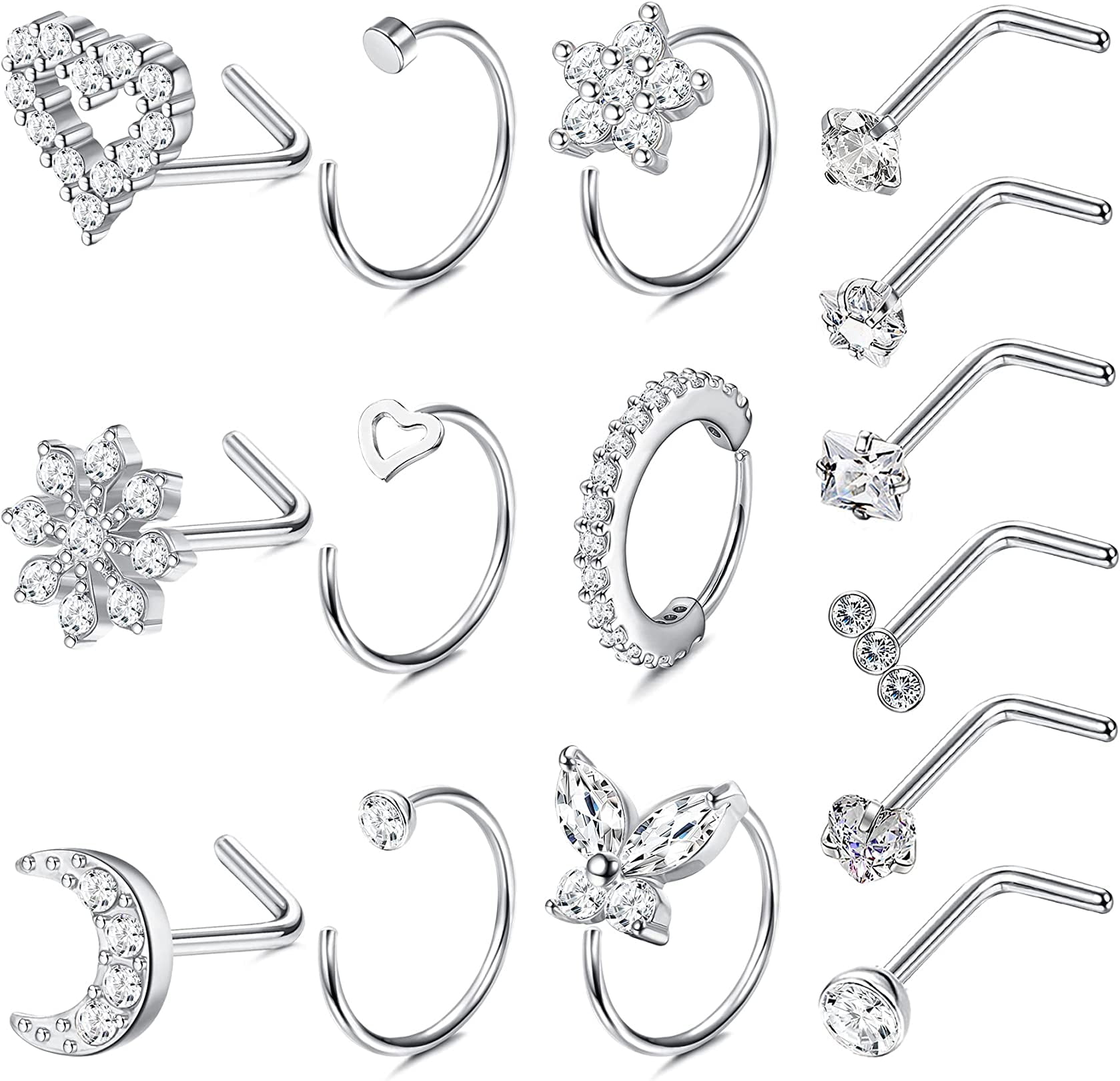 Briana Williams 20G Nose Rings for Women Surgical Steel Nose Ring Hoops Heart CZ Flower