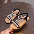 thumbnail image 3 of Sandalias de verano para niñas, de piel sintética, con perlas, transpirables, planas, talla 1 (negro), 3 of 5