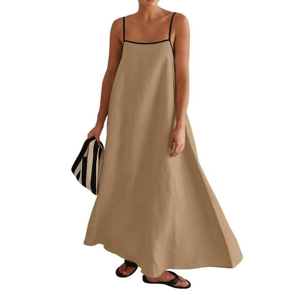 WTOBBY Women's Loose Comfortable Casual Color Block Cotton Linen Suspender Large Swing Dress with Breathable Material and Adjustable Straps,Ginger XL