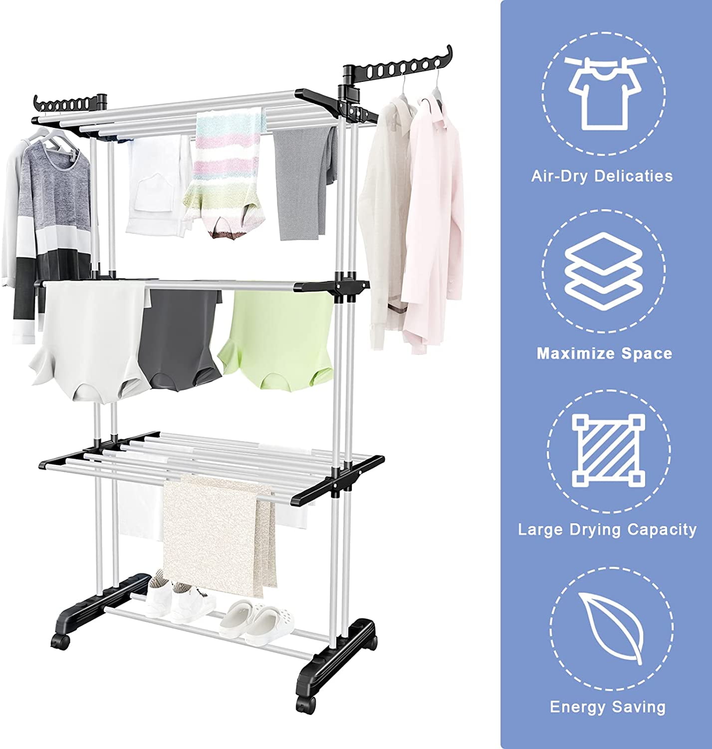 INNOKA 4-Tier Wooden Clothes Drying Rack Stackable Foldable