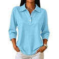thumbnail image 2 of Womens Polo Shirts 3/4 Sleeve Solid Color Button Lapel Collar Business Casual Golf Tops Sky Blue XL, 2 of 9