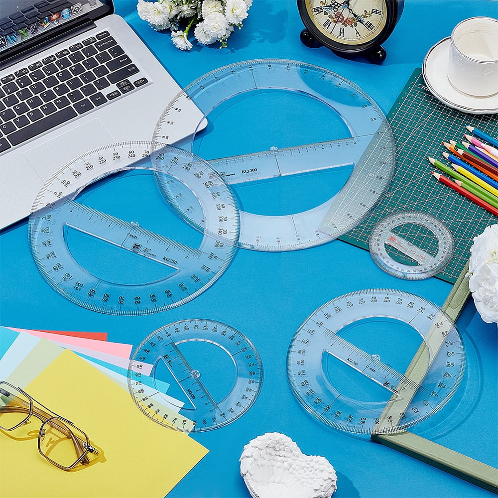 5Pcs 5 Styles Plastic 360 Degree Protractor Ruler Flat Round Clear 102~300x2.5mm 1pc/style