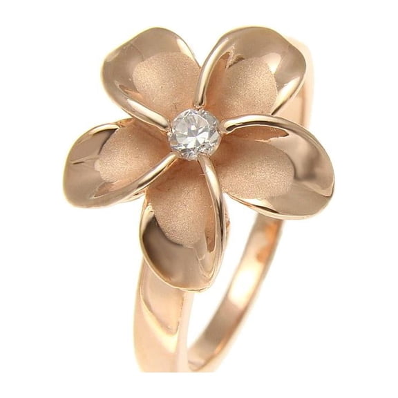 Pink rose gold plated 925 sterling silver 15mm Hawaiian plumeria flower ring cz size 3